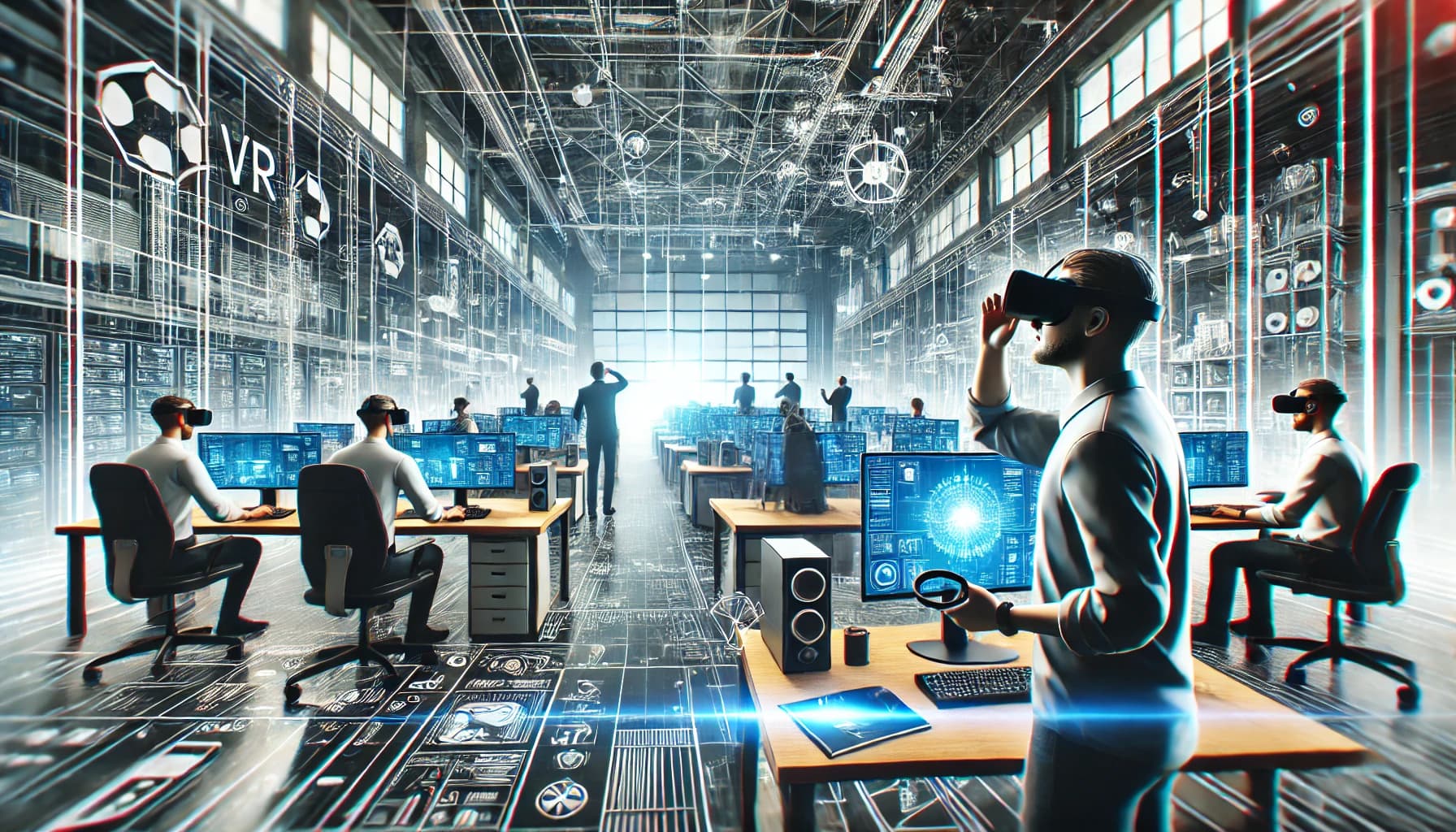 A wide panoramic image of a cutting-edge virtual reality development space, showing developers using VR headsets and interacting with 3D environments