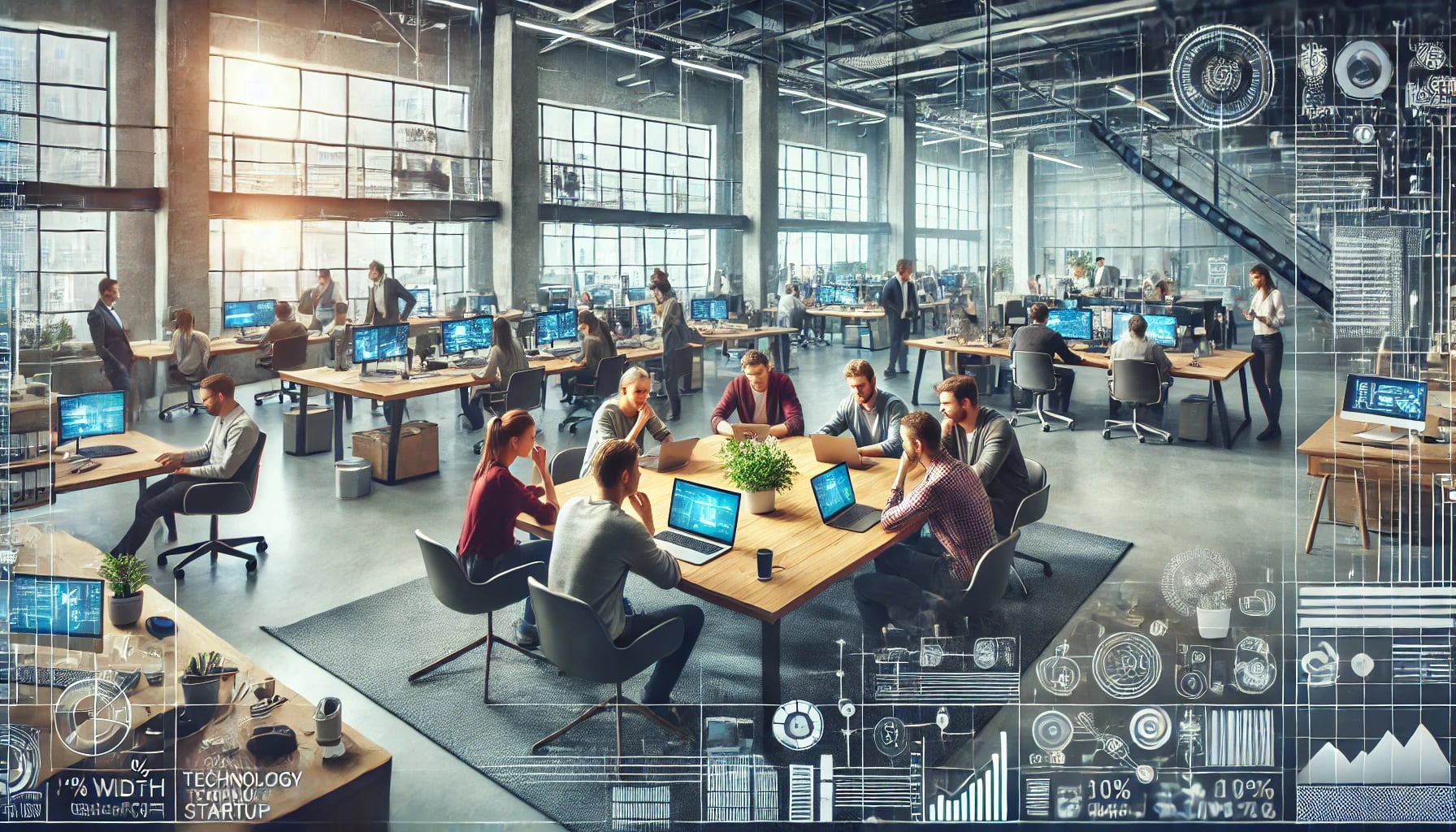 A wide panoramic image showing a bustling technology startup office space with young professionals working on laptops and discussing around a meeting